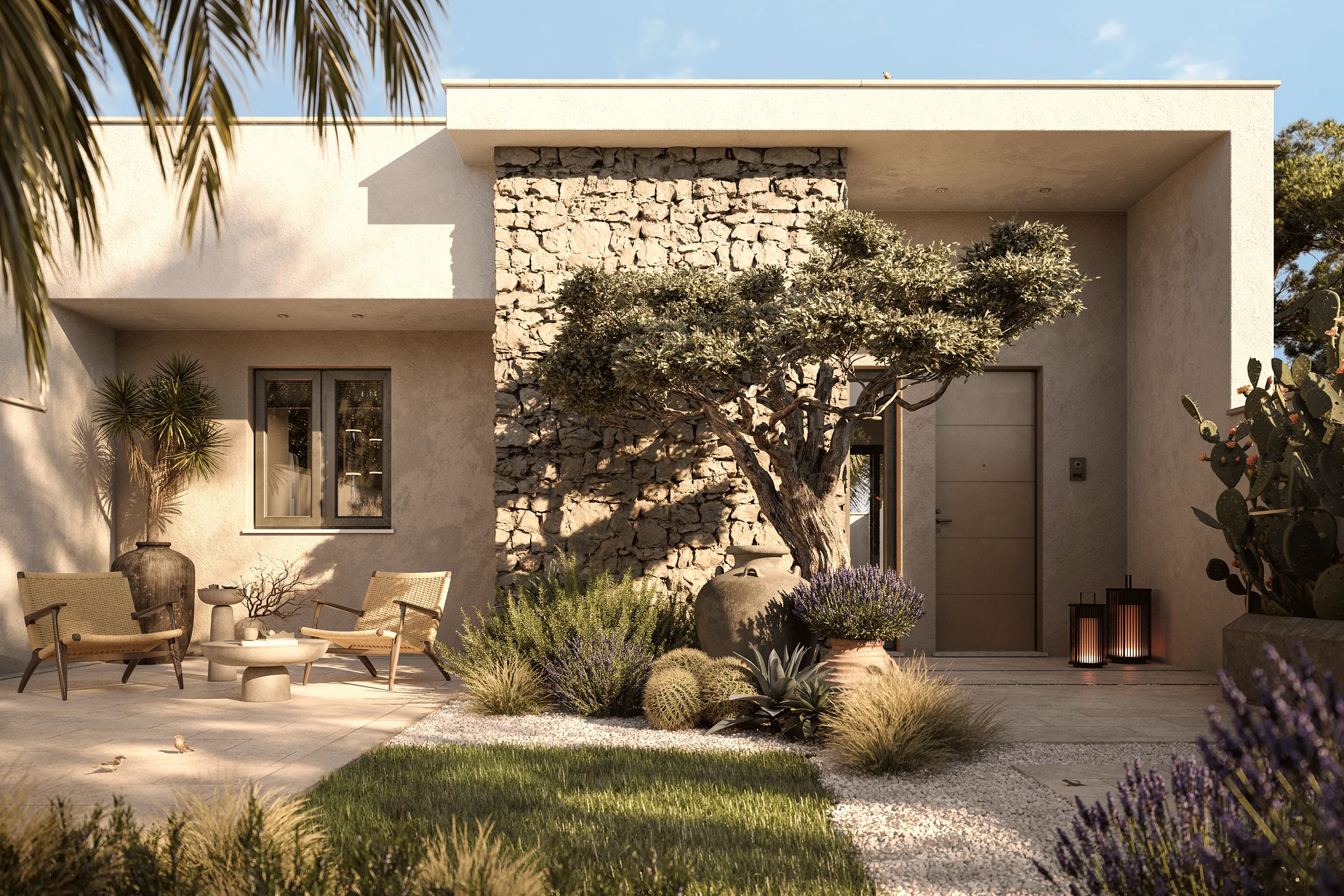 Miramare Reserved, vista esterna di una villa contemporanea con giardino privato, patio arredato e vegetazione mediterranea, progettata per vivere gli spazi outdoor in totale privacy.